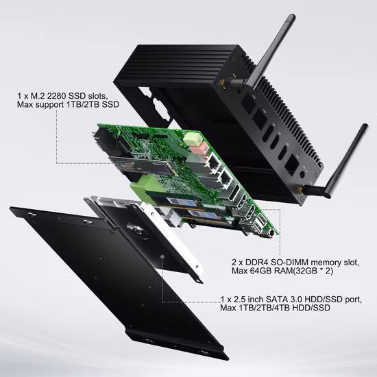 Computadora PC industrial, Mini PC con LAN dual inalámbrica con Intel Gemini Lake-R Series Embedded, 4 Gigabit LAN para enrutador, 1* SATA3.0, 1* HDMI2.0, 2* USB3.0